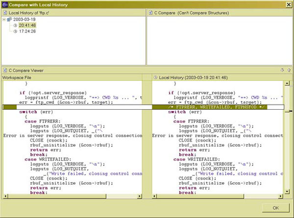 Figure 6. Checking changes in source code with Local History function