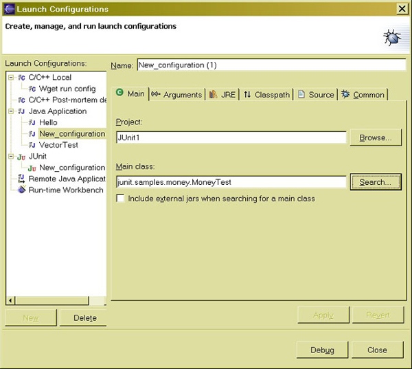 Figure 2. Setting the project's main Java class in the debug configuration