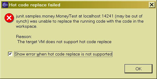 Figure 9. The Hotswap Bug Fixing feature doesn't work with JVM version 1.3 and lower